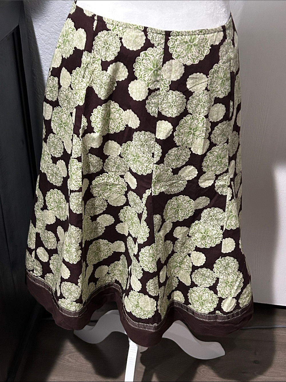 A-Line Floral Skirt in Brown with Light Green Print